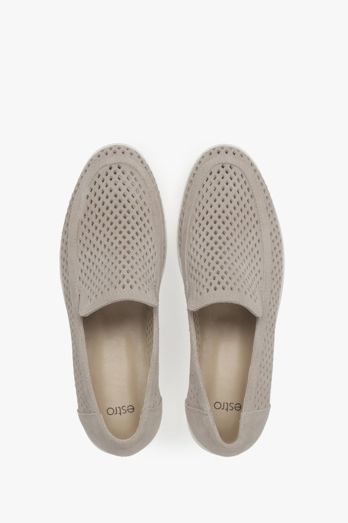 Stylish women's Premium loafers made of natural Italian velour – light beige and perforated.