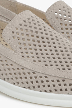 Light beige women's moccasins with perforation made of Premium Italian velour – details.