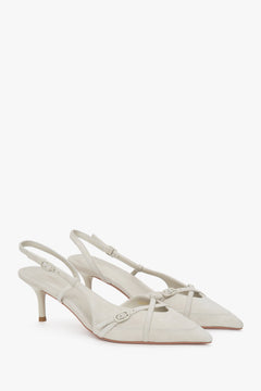 Light beige velour low-heeled slingbacks for women by Estro.