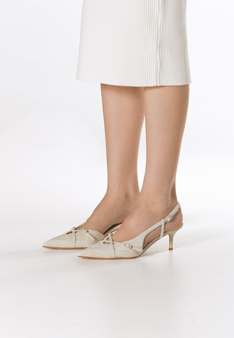 Light beige velour low-heeled slingbacks for women by Estro - on-foot presentation.