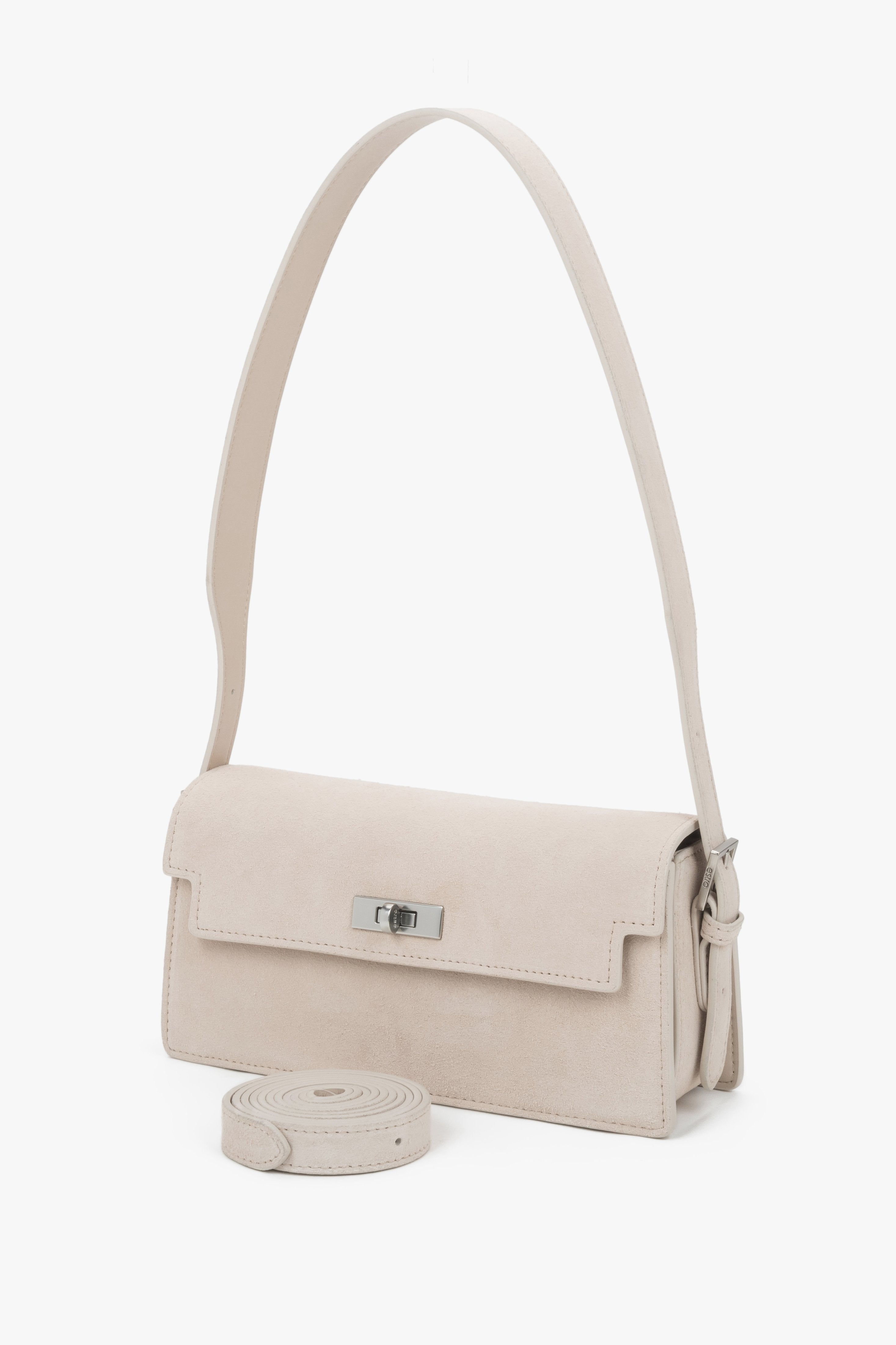 Front view of women's light beige velour shoulder bag by Estro