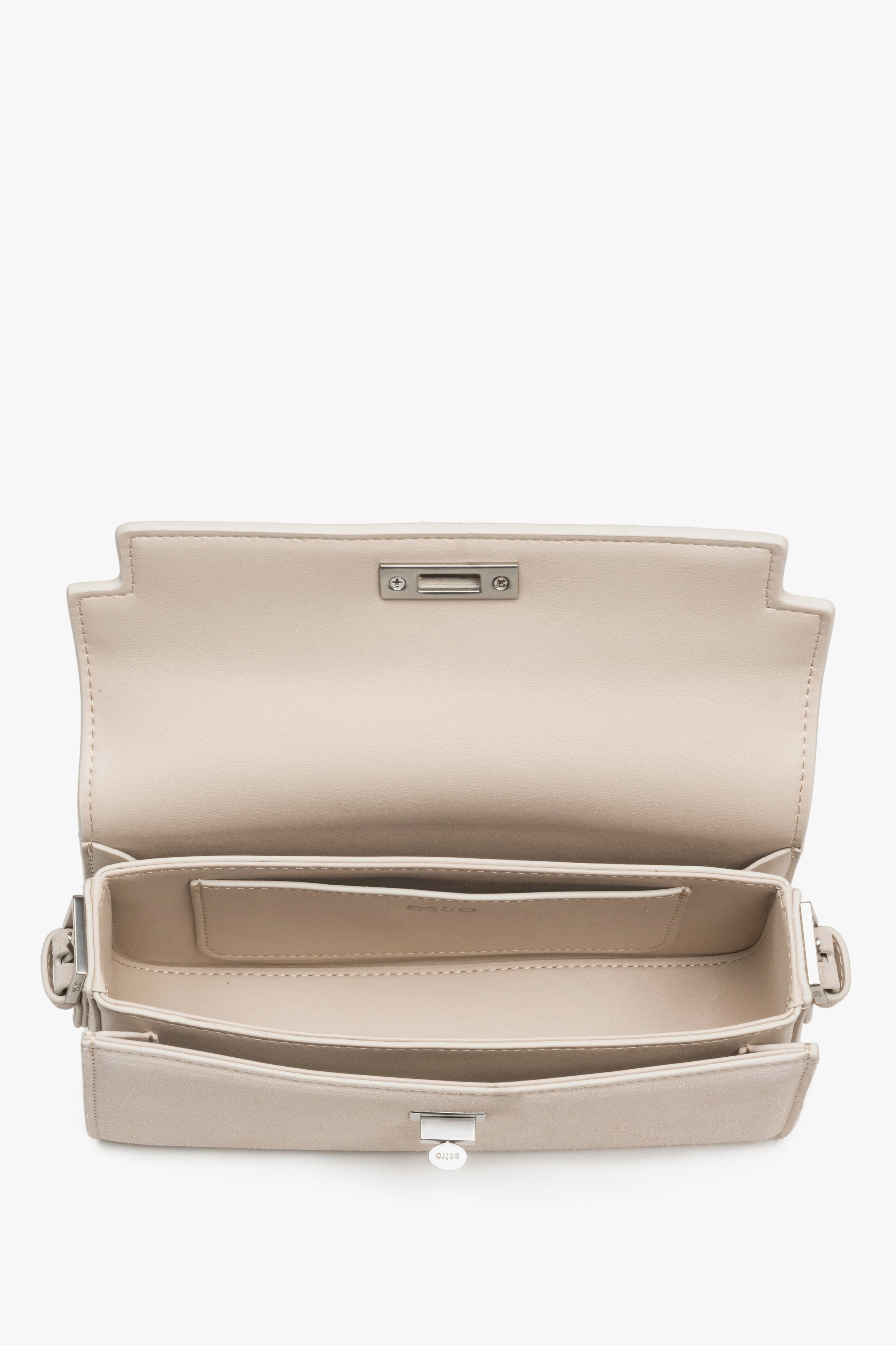 Interior view of women's light beige velour shoulder bag by Estro