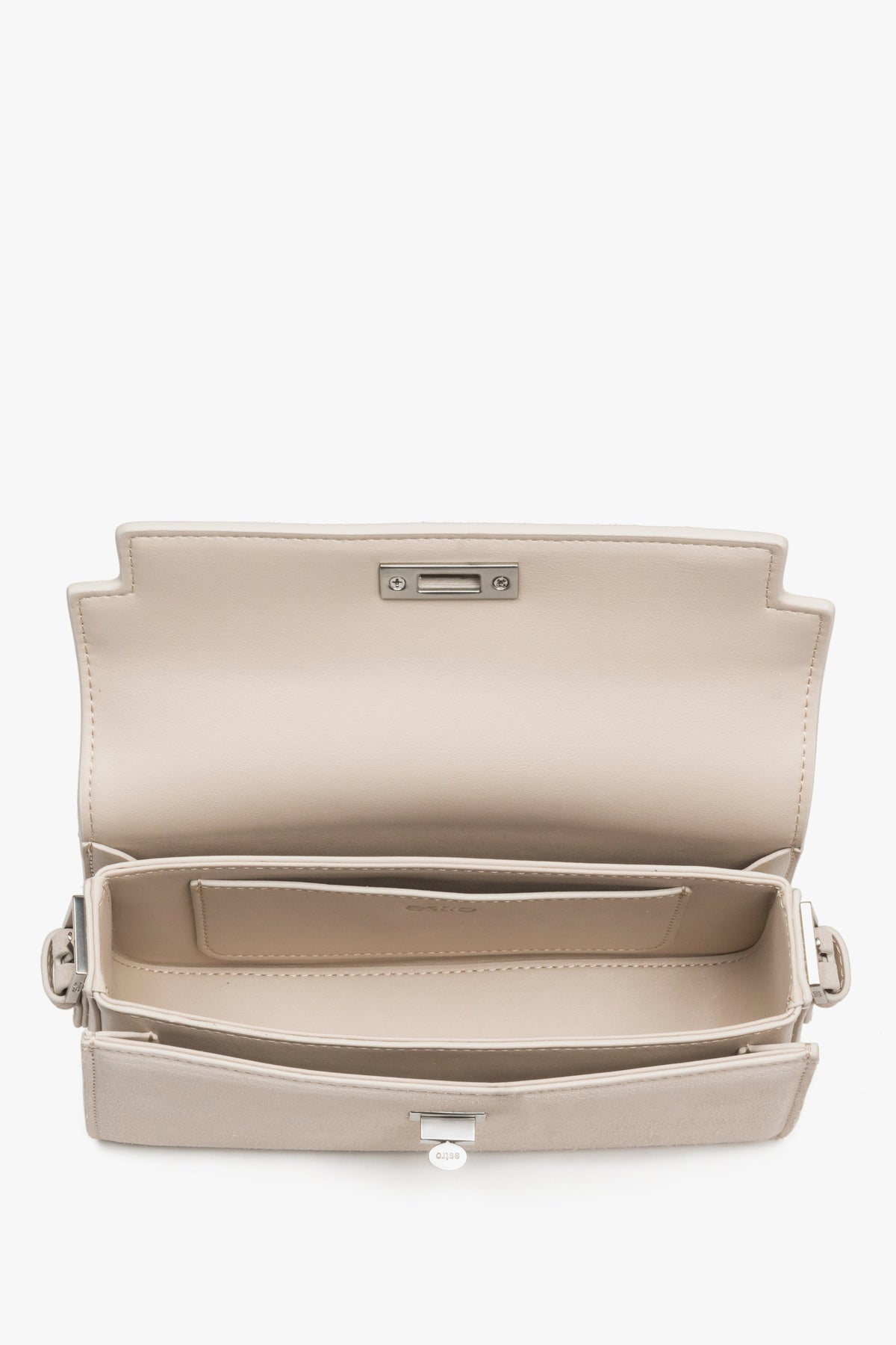 Interior view of women's light beige velour shoulder bag by Estro