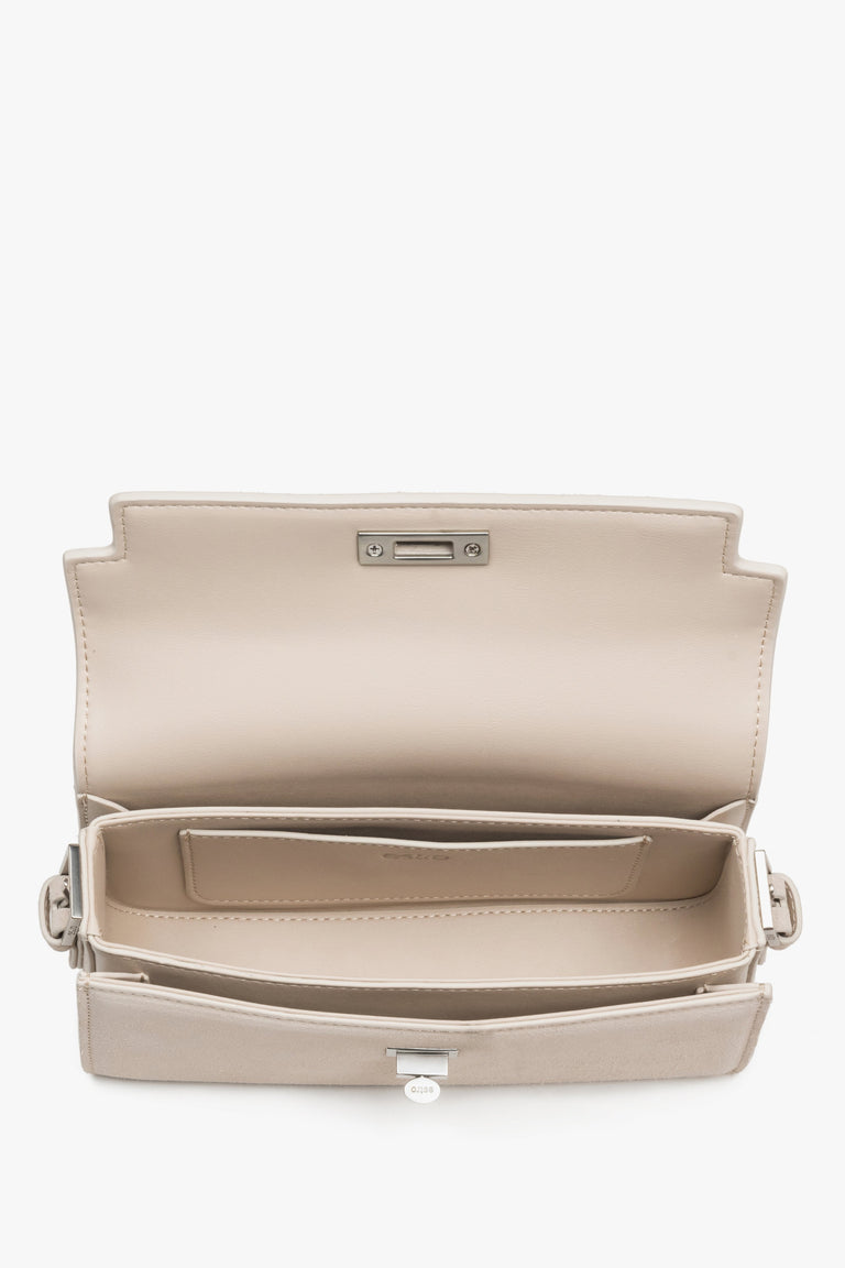 Interior view of women's light beige velour shoulder bag by Estro