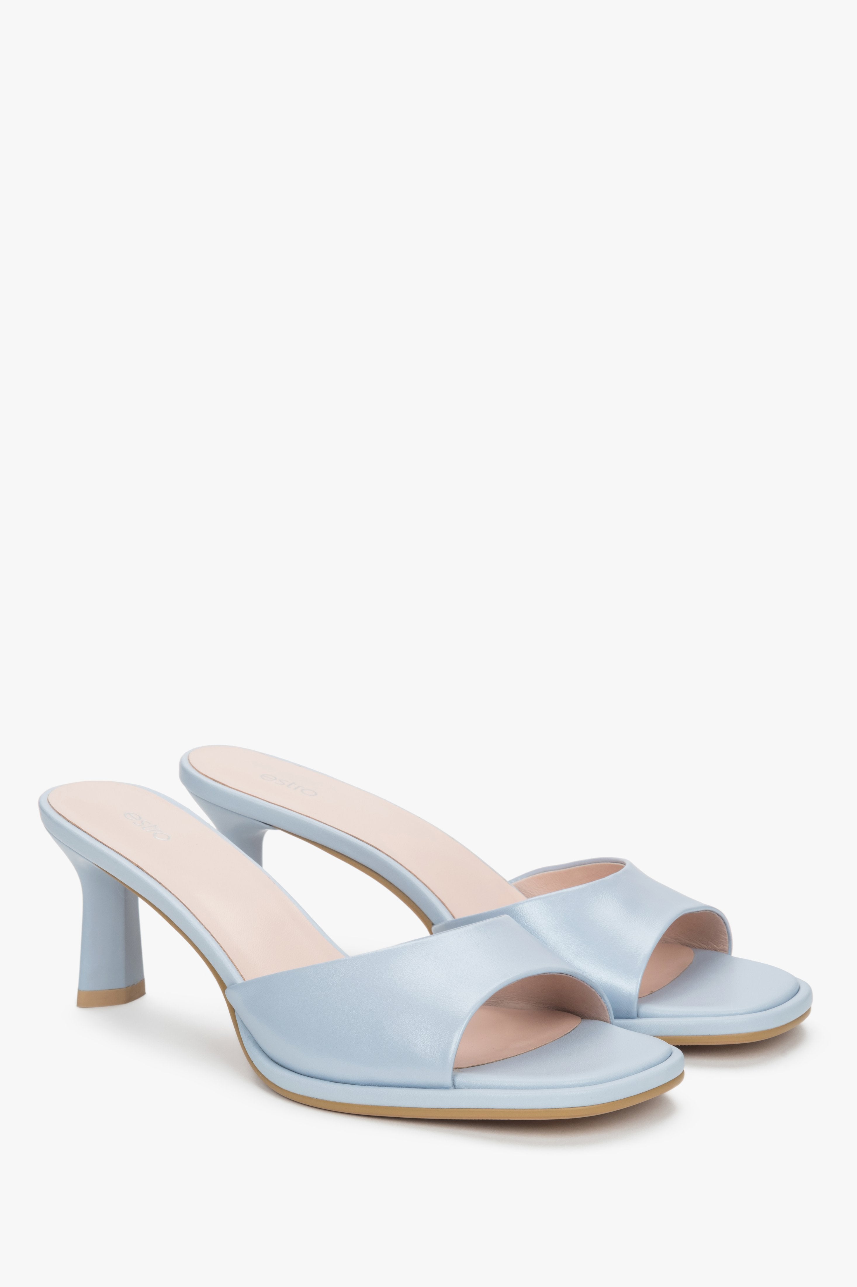 Women’s light blue heeled leather mules Estro.