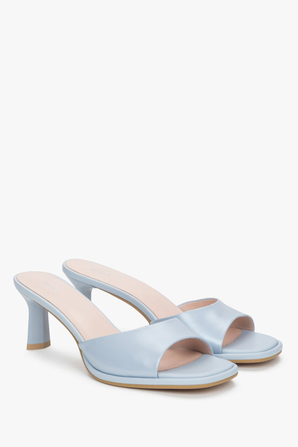 Women’s light blue heeled leather mules Estro.
