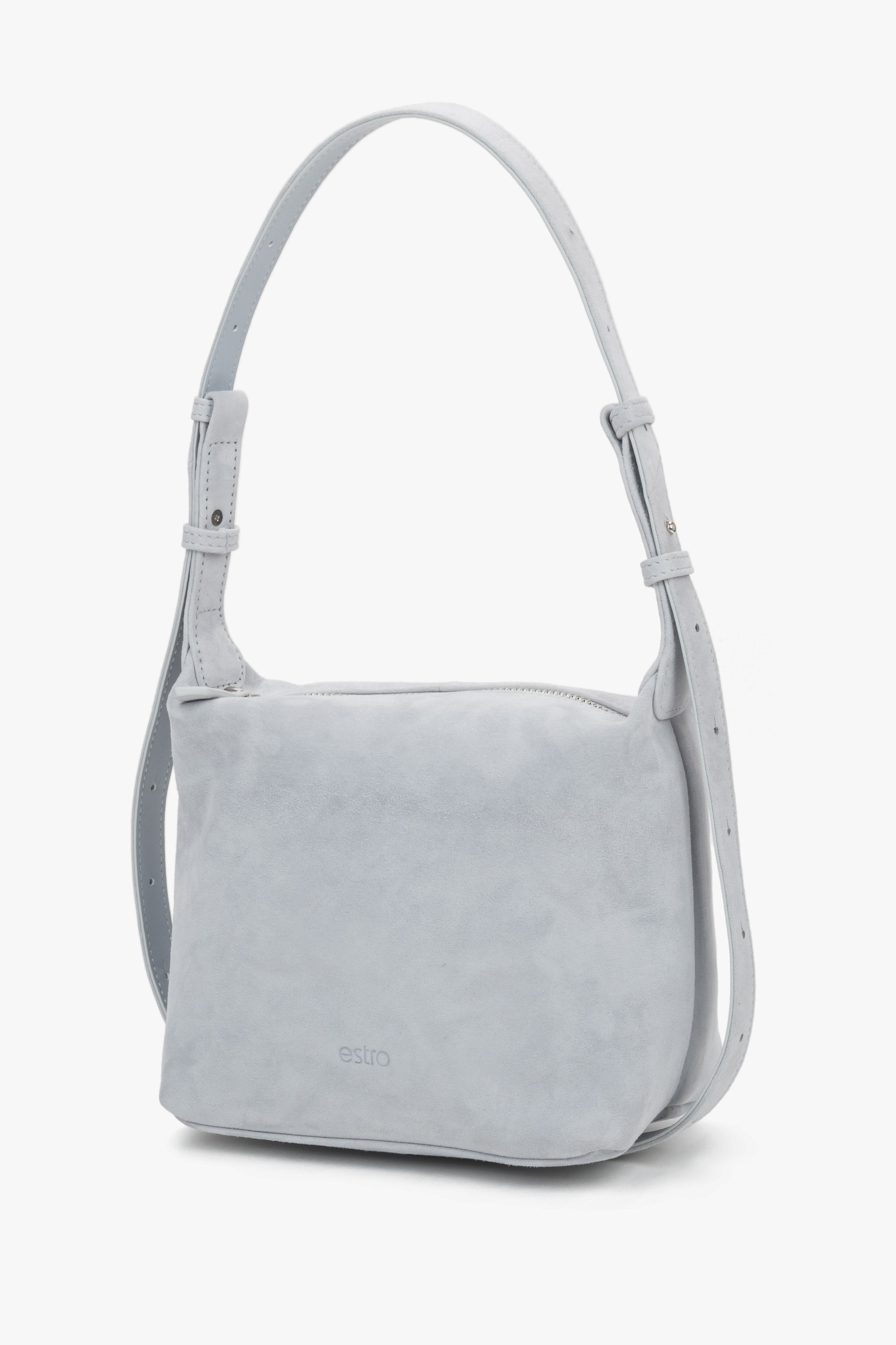 Estro light blue suede women's shoulder bag, showcasing a minimalist front with a subtle brand logo and a soft, structured silhouette.
