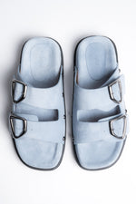 Women’s Light Blue Slippers Made of Genuine Velour With Silver Buckle and Studs Estro ER00119829.