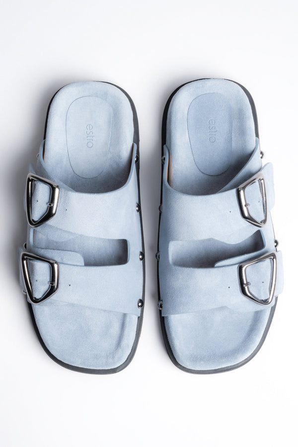 Women’s Light Blue Slippers Made of Genuine Velour With Silver Buckle and Studs Estro ER00119829.
