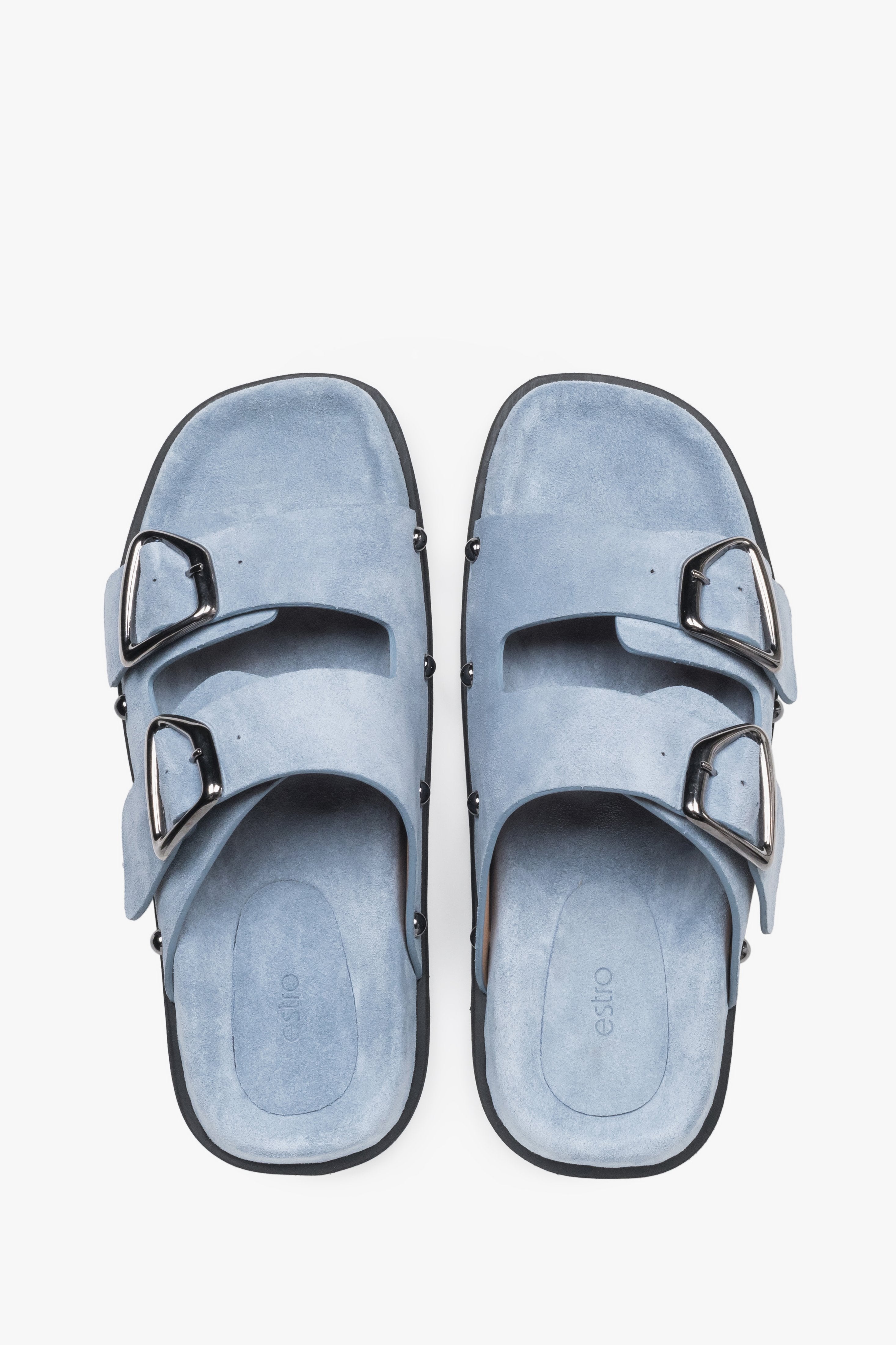 Light blue women’s natural velour slides with a silver buckle and studs, Estro.