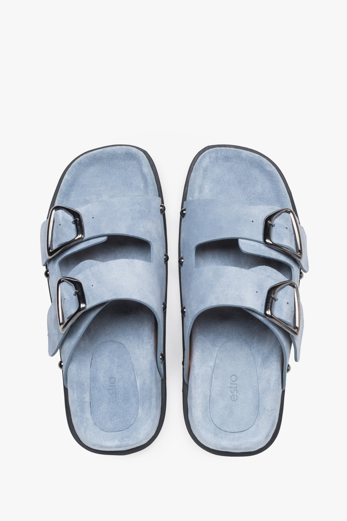 Light blue women’s natural velour slides with a silver buckle and studs, Estro.
