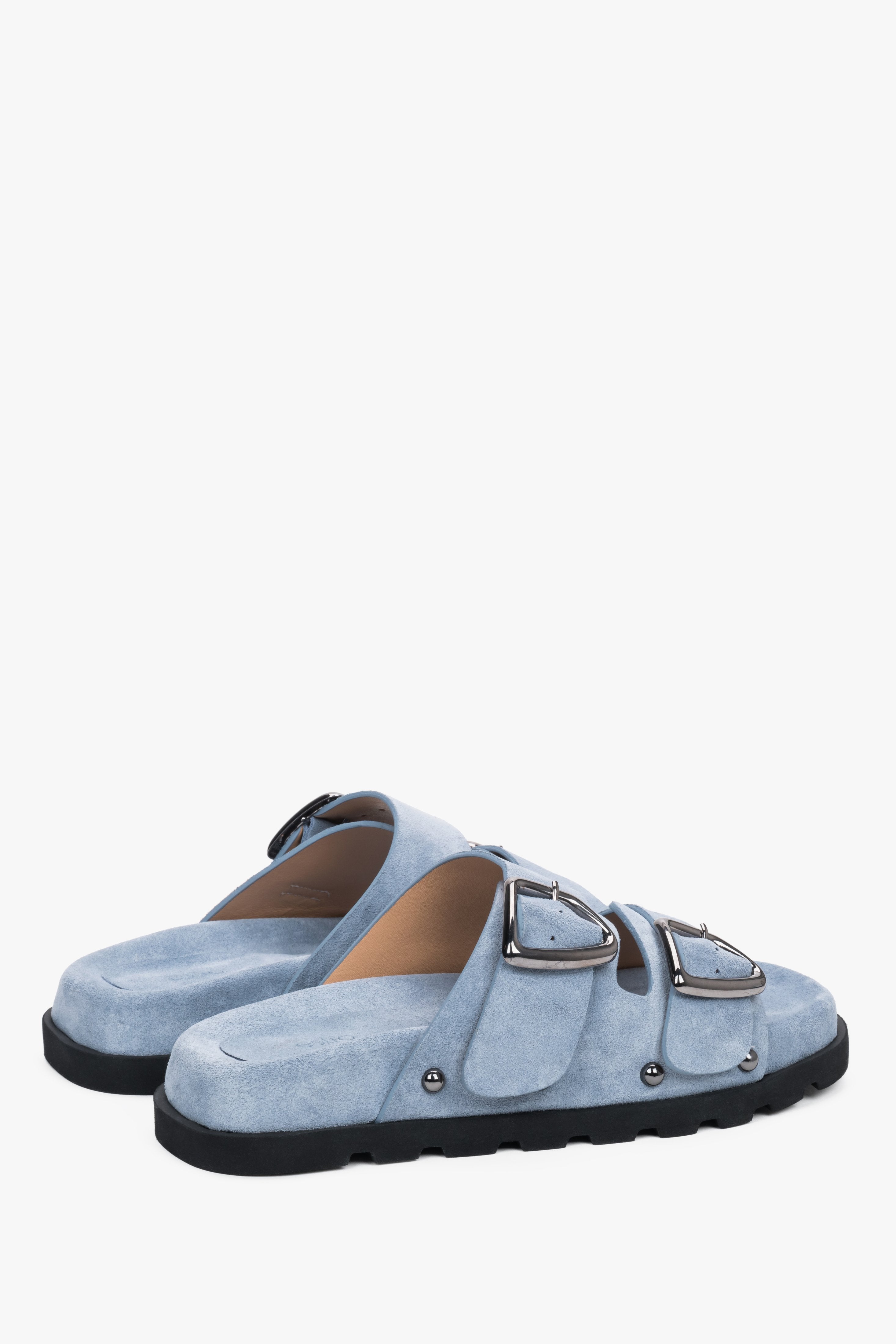 Light blue women’s natural velour slides with a silver buckle and studs, Estro.