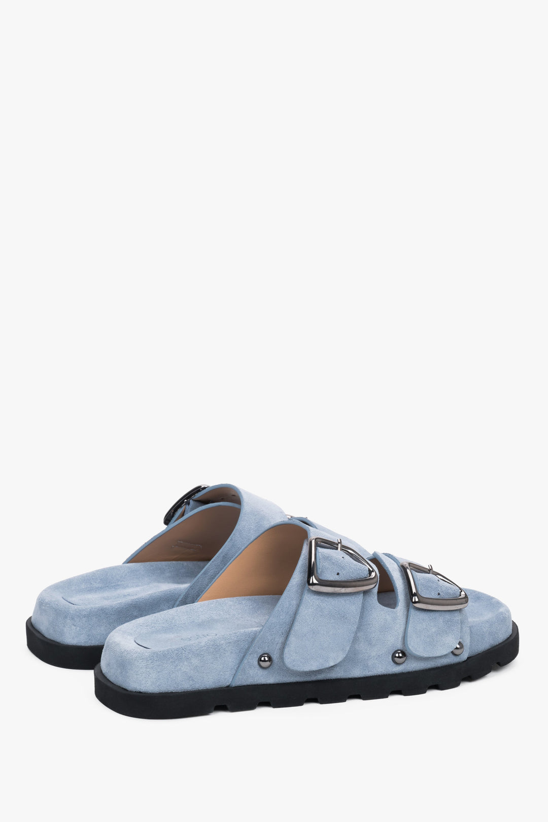 Light blue women’s natural velour slides with a silver buckle and studs, Estro.