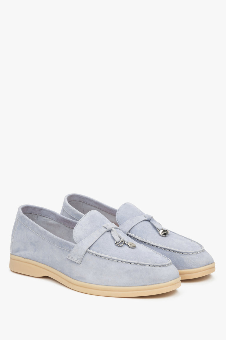Women's Light Blue Tassel Loafers made of Genuine Velour Estro ER00117272.