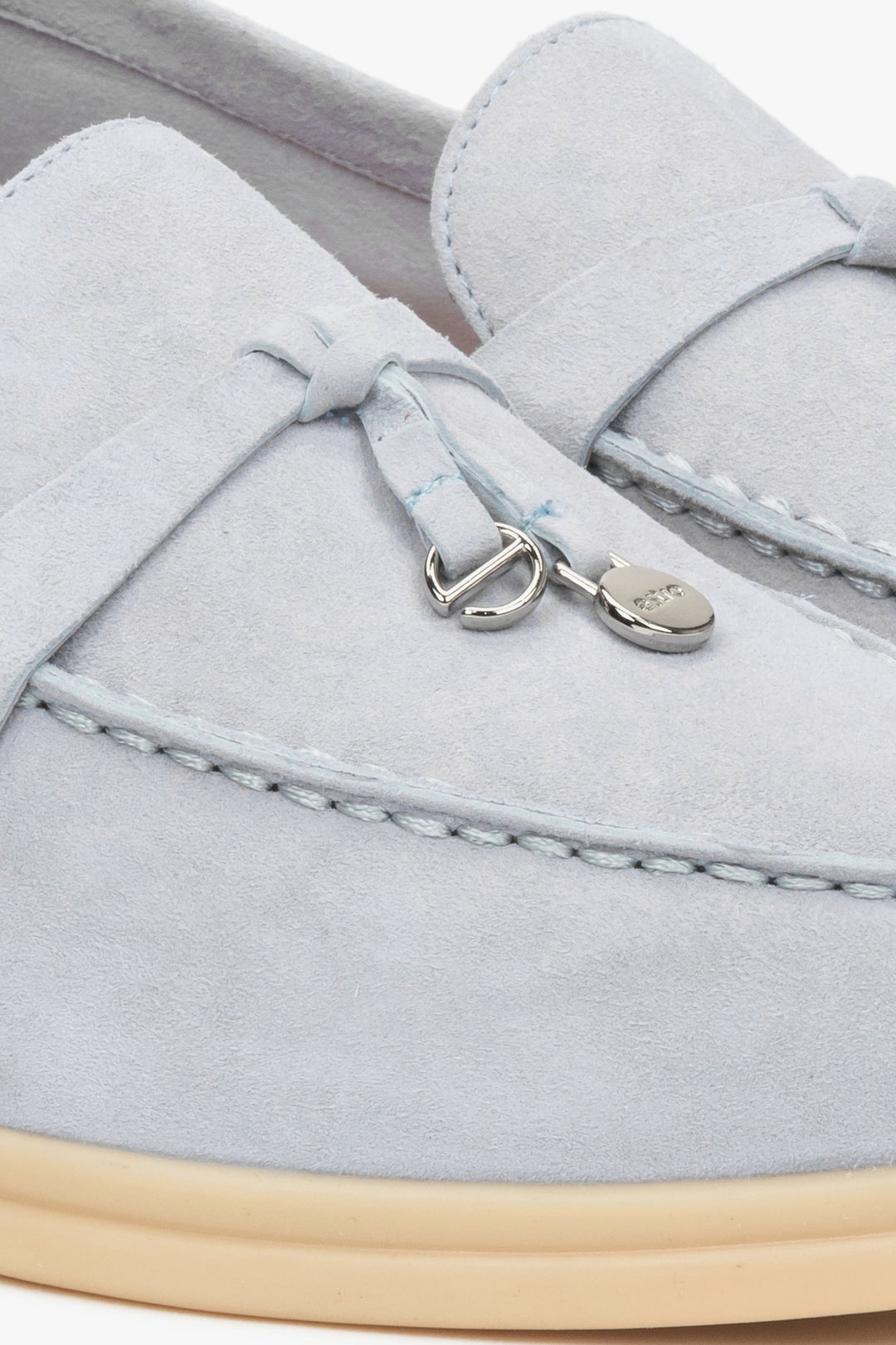 Light blue women’s loafers made of natural velour, Estro.