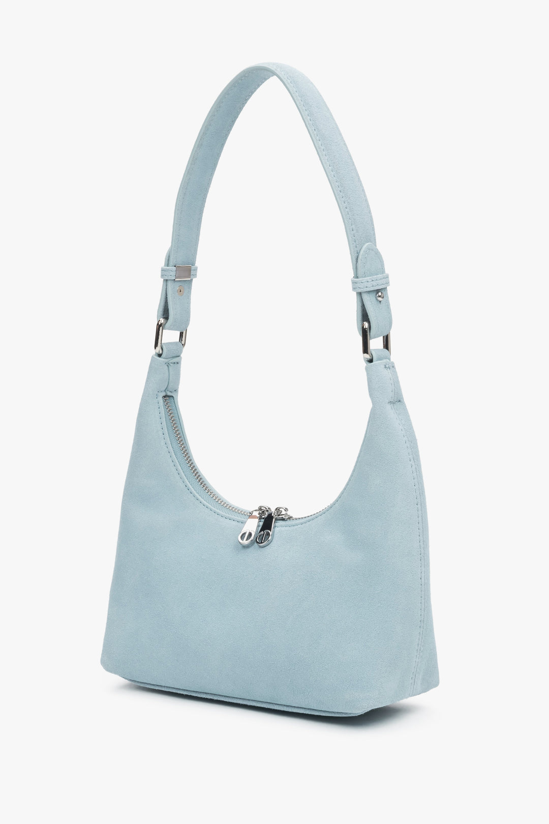 Light blue women's half-moon shoulder bag made of natural velour.
