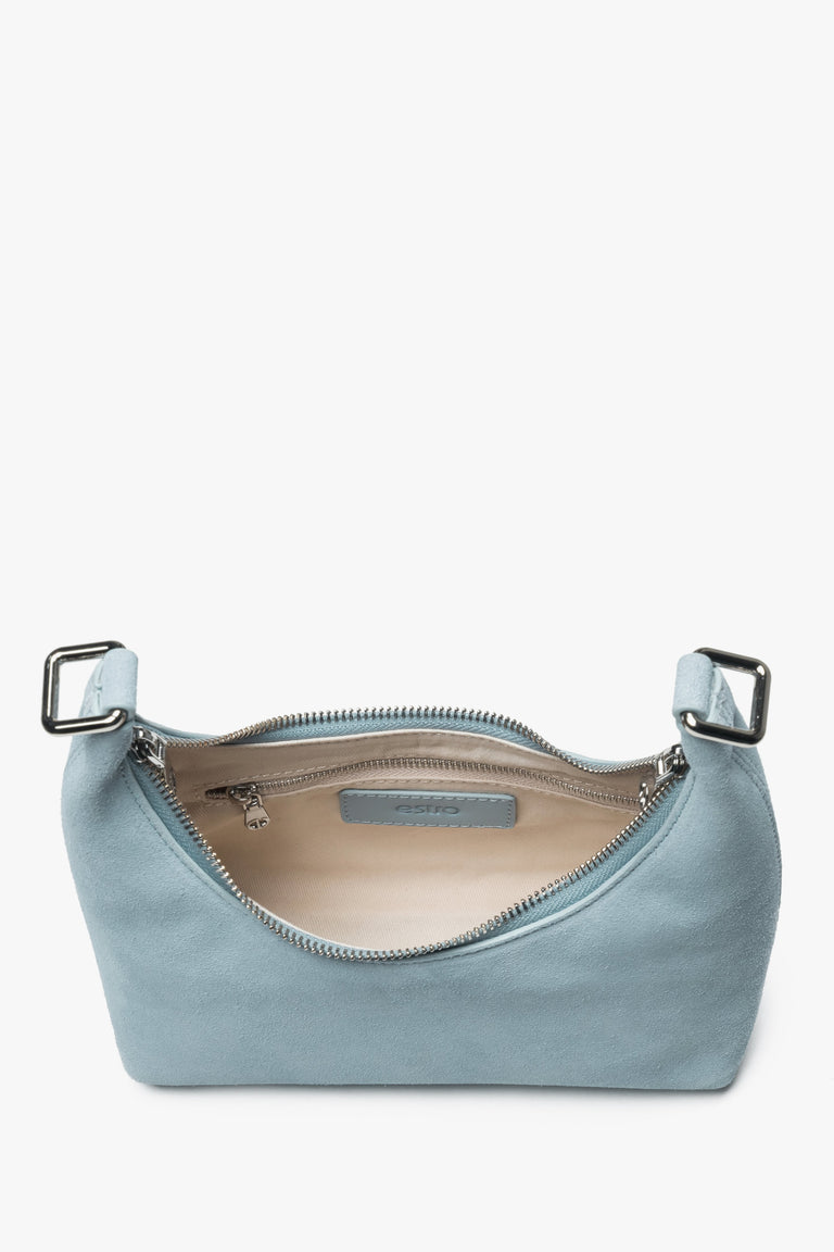 Women's shoulder bag, light blue, half-moon silhouette, natural velour, Estro.
