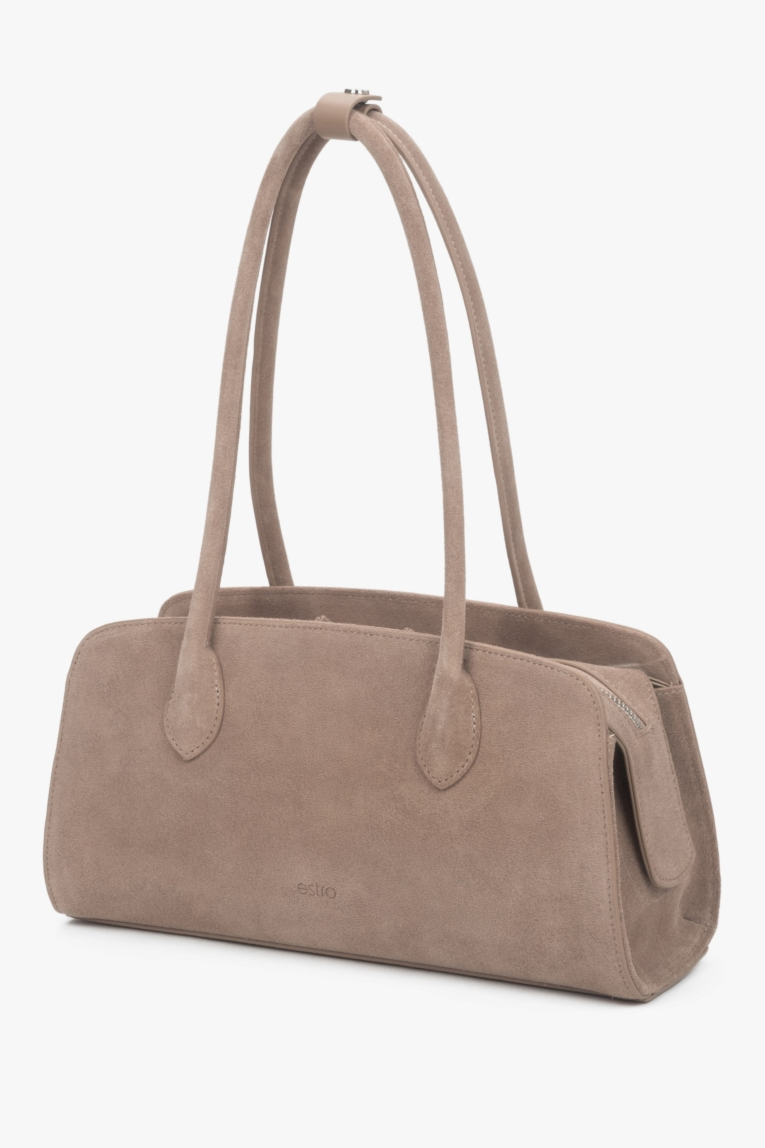Women’s compact light brown shoulder bag in Genuine Velour Estro.