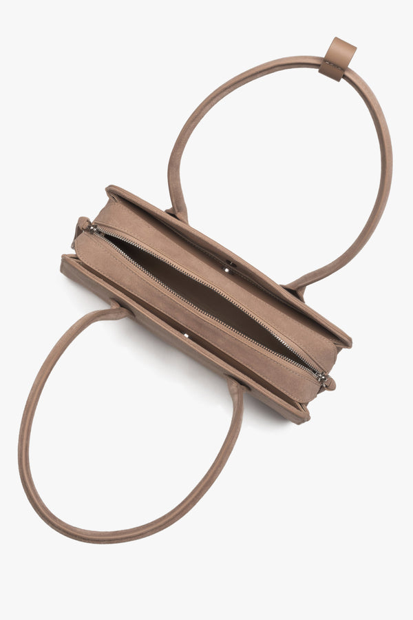 Light brown compact shoulder bag for women, crafted from Natural Velour, Estro.