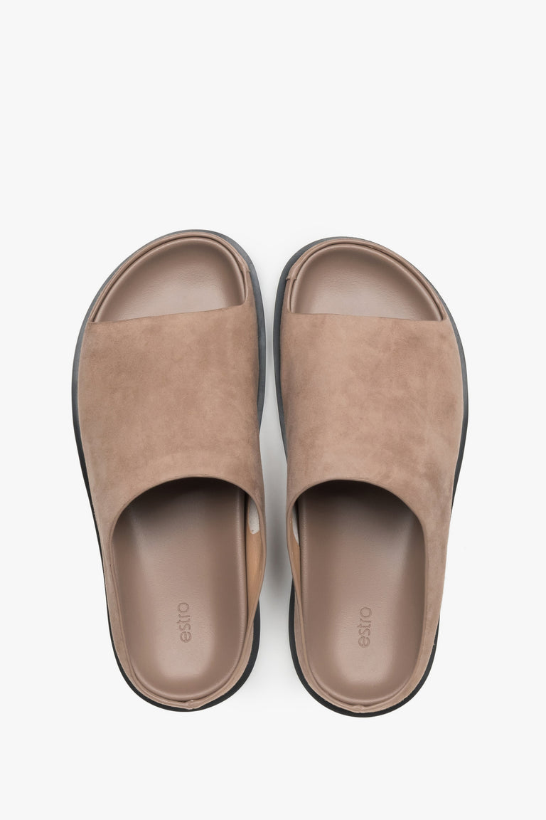 Women's Light Brown Flat Slide Sandals in Genuine Velour ER00119368.