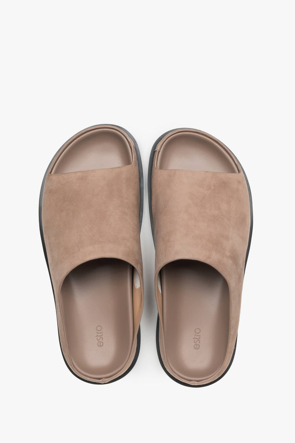 Women's Light Brown Flat Slide Sandals in Genuine Velour ER00119368.