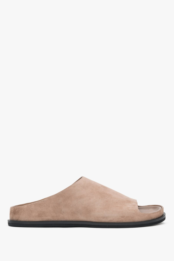 Women’s slide sandals, light brown, made of natural velour, on a flat sole, Estro.