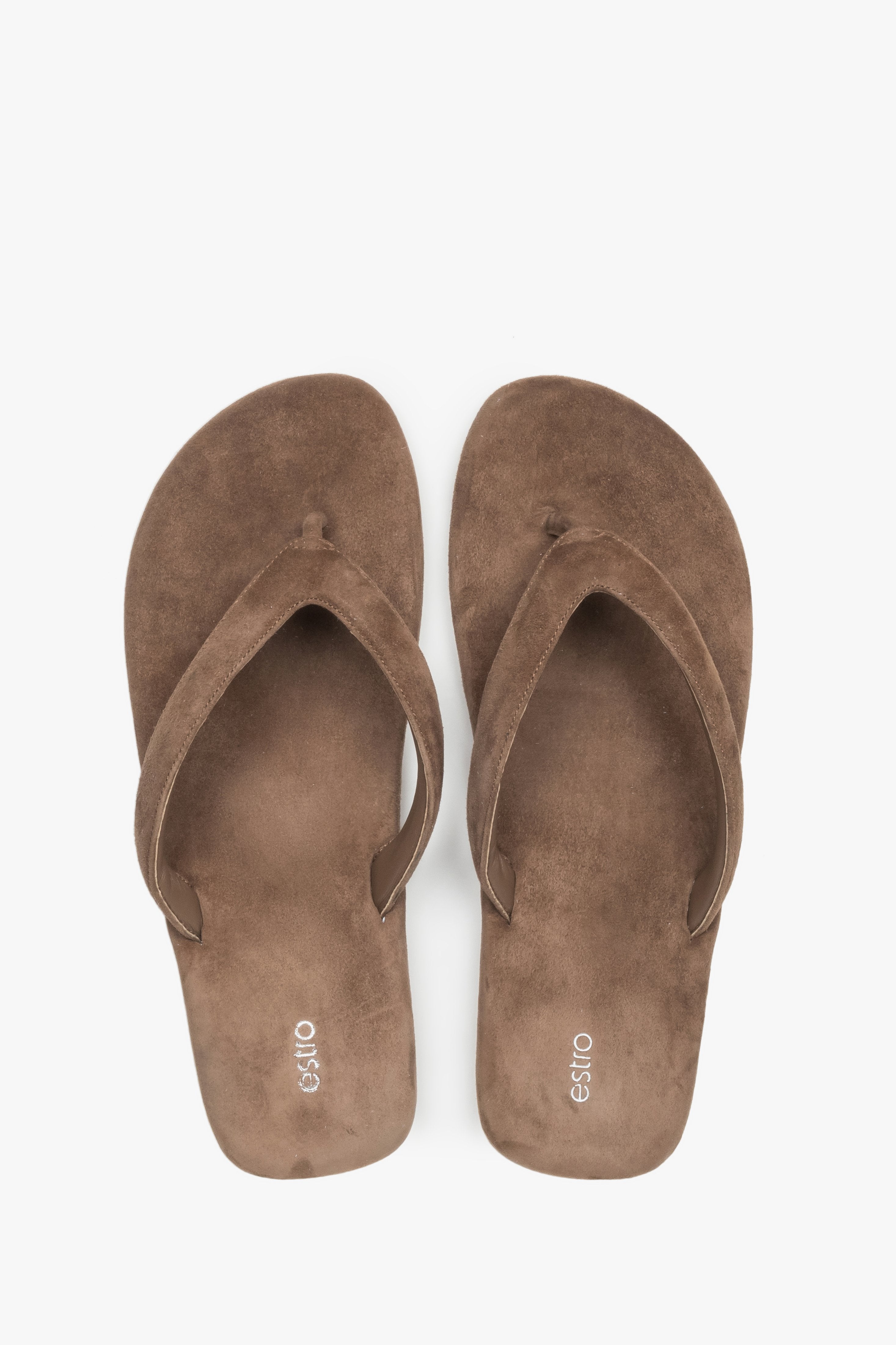 Women’s light brown flip-flops made from soft genuine velour by Estro – top view.