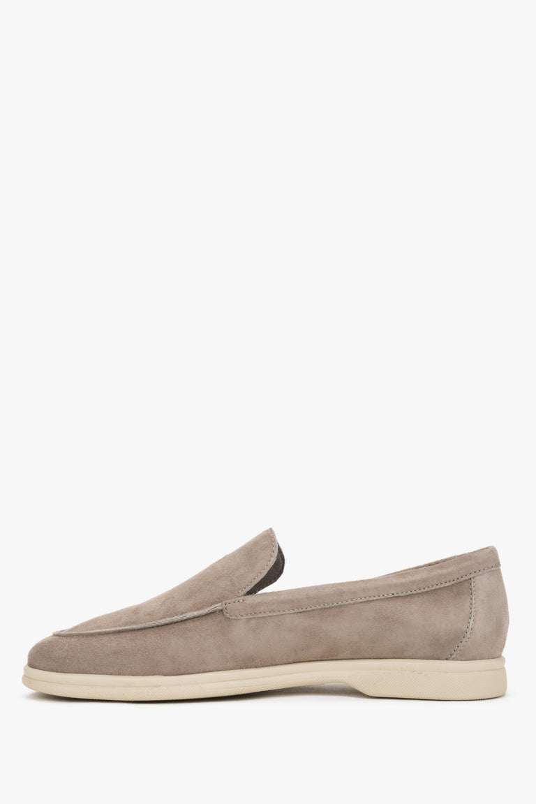 Light brown women’s suede loafers by Frau – side view showing the low, light-colored sole.