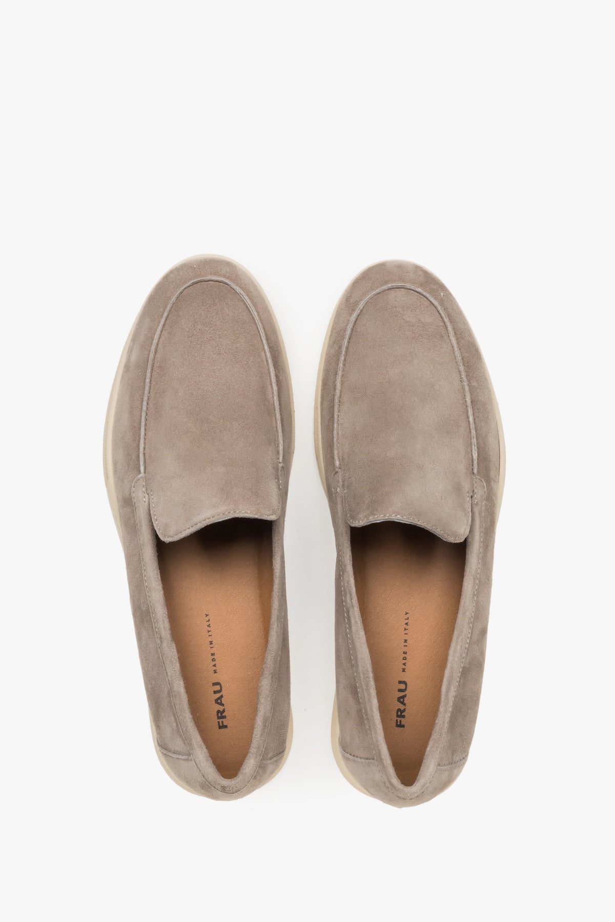 Women’s light blue velour loafers by Frau – top view showcasing the genuine leather insole.