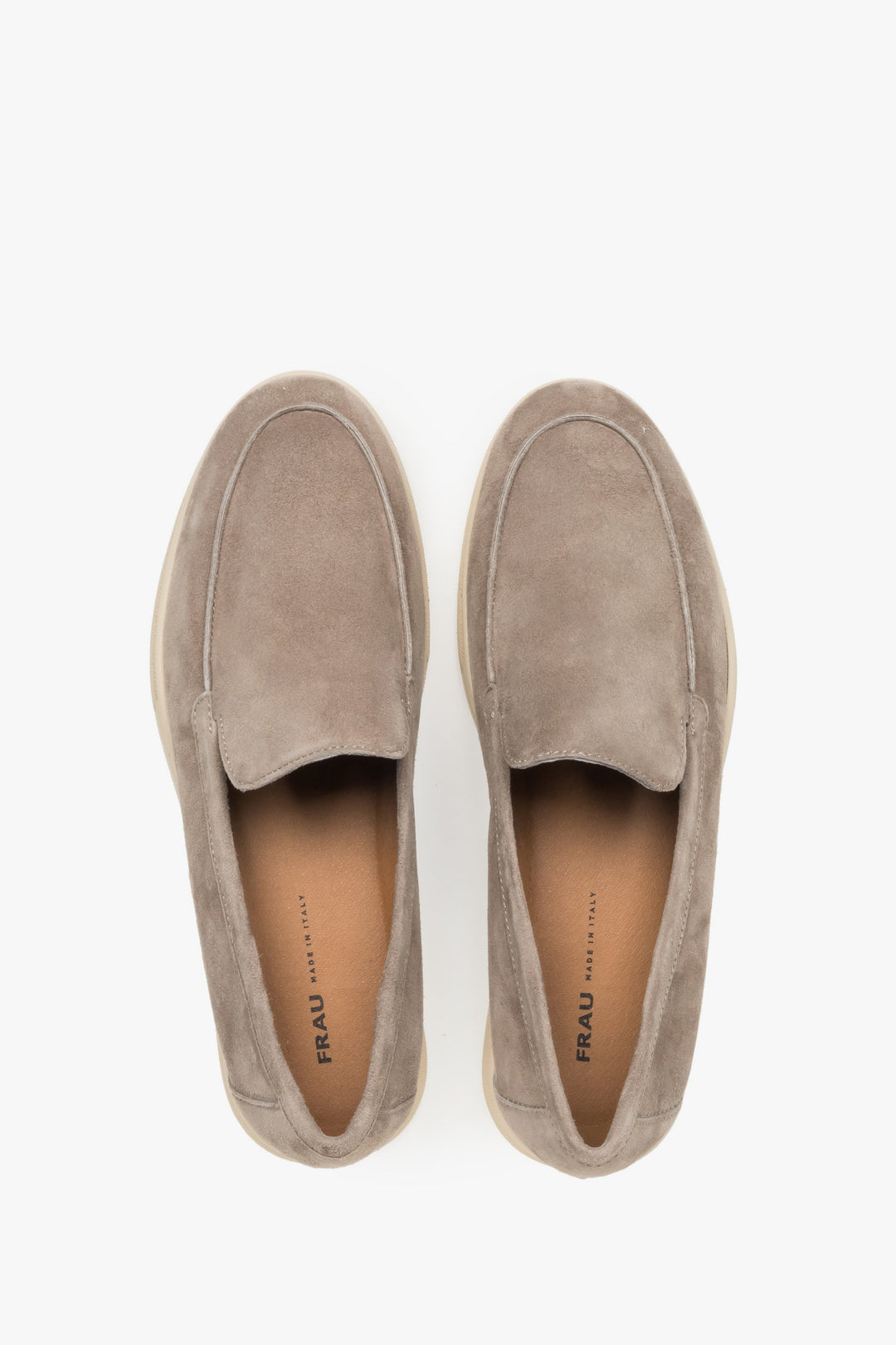 Women’s light blue velour loafers by Frau – top view showcasing the genuine leather insole.