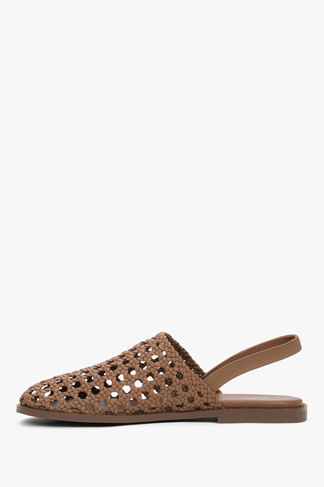 Elegant tan leather slip-on sandals with a woven closed-toe design.