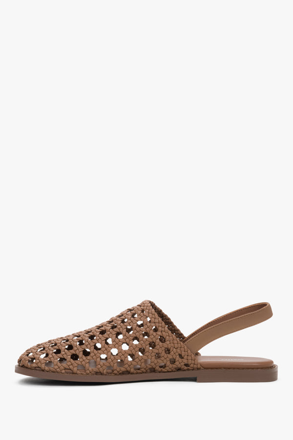 Elegant tan leather slip-on sandals with a woven closed-toe design.
