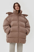 Women's Light Brown Oversized Quilted Puffer Jacket with a High Collar Estro ER00113903.