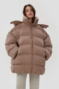 Women's Light Brown Oversized Quilted Puffer Jacket with a High Collar Estro ER00113903.