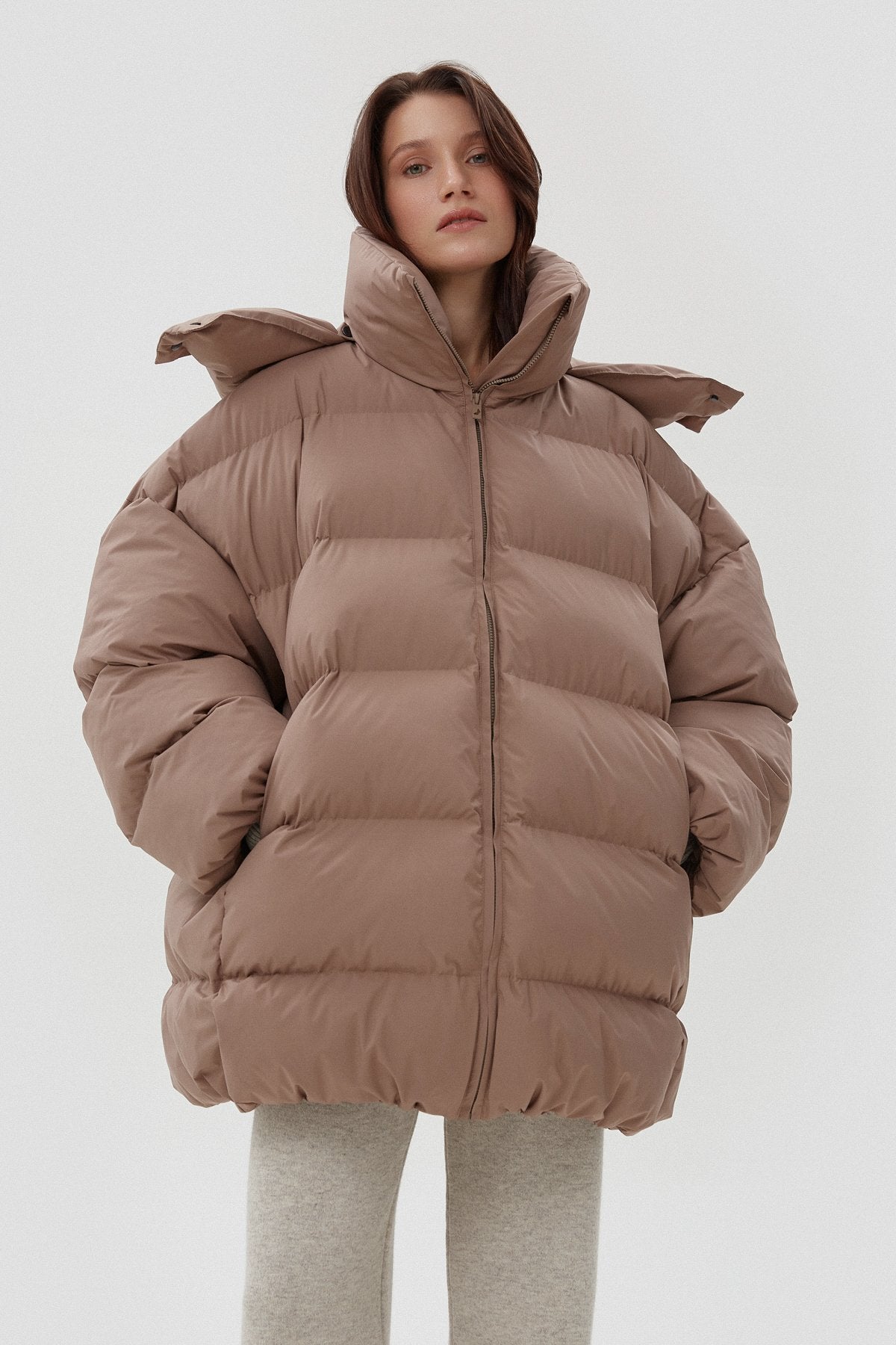 Women's Light Brown Oversized Quilted Puffer Jacket with a High Collar Estro ER00113903.