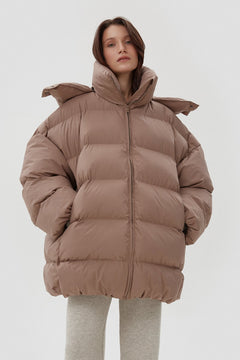 Women's Light Brown Oversized Quilted Puffer Jacket with a High Collar Estro ER00113903.