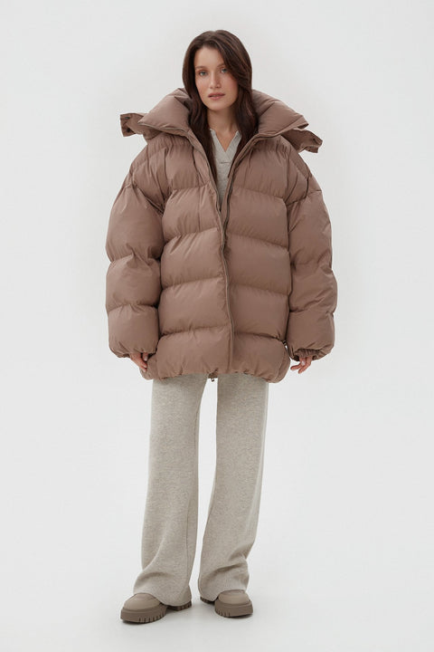 Light Brown Oversized Quilted Puffer Jacket with a High Collar.
