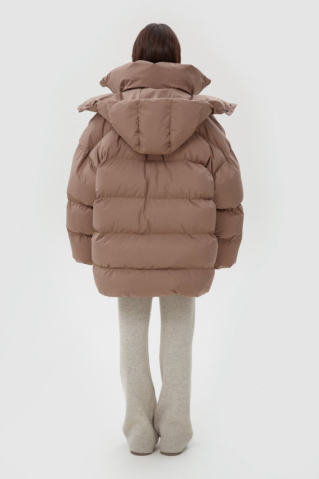 Women's Light Brown Oversized Quilted Puffer Jacket with a High Collar Estro ER00113903.