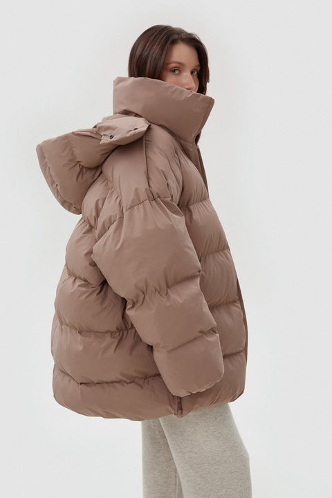 Women's Oversized Quilted Puffer Jacket, Light Brown, with a High Collar, Estro ER00113903.