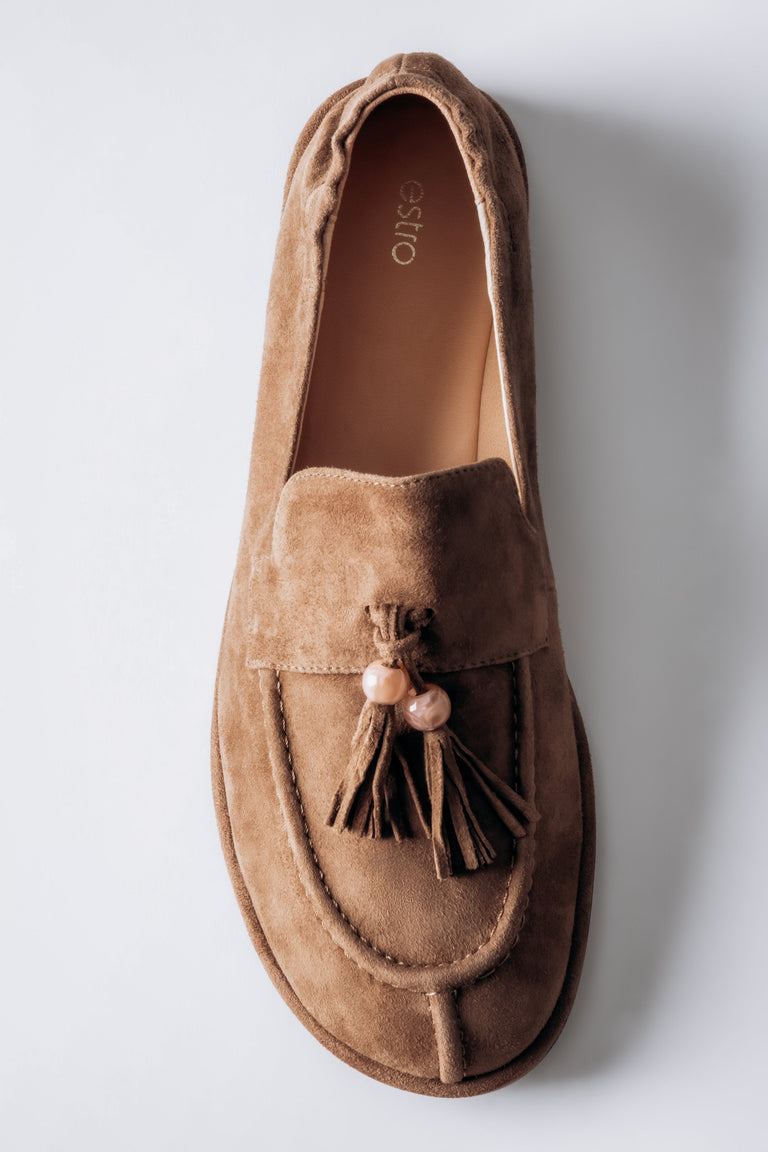 Women's Light Brown Velour Barefoot Loafers with Decorative Tassel Estro ER00119872.