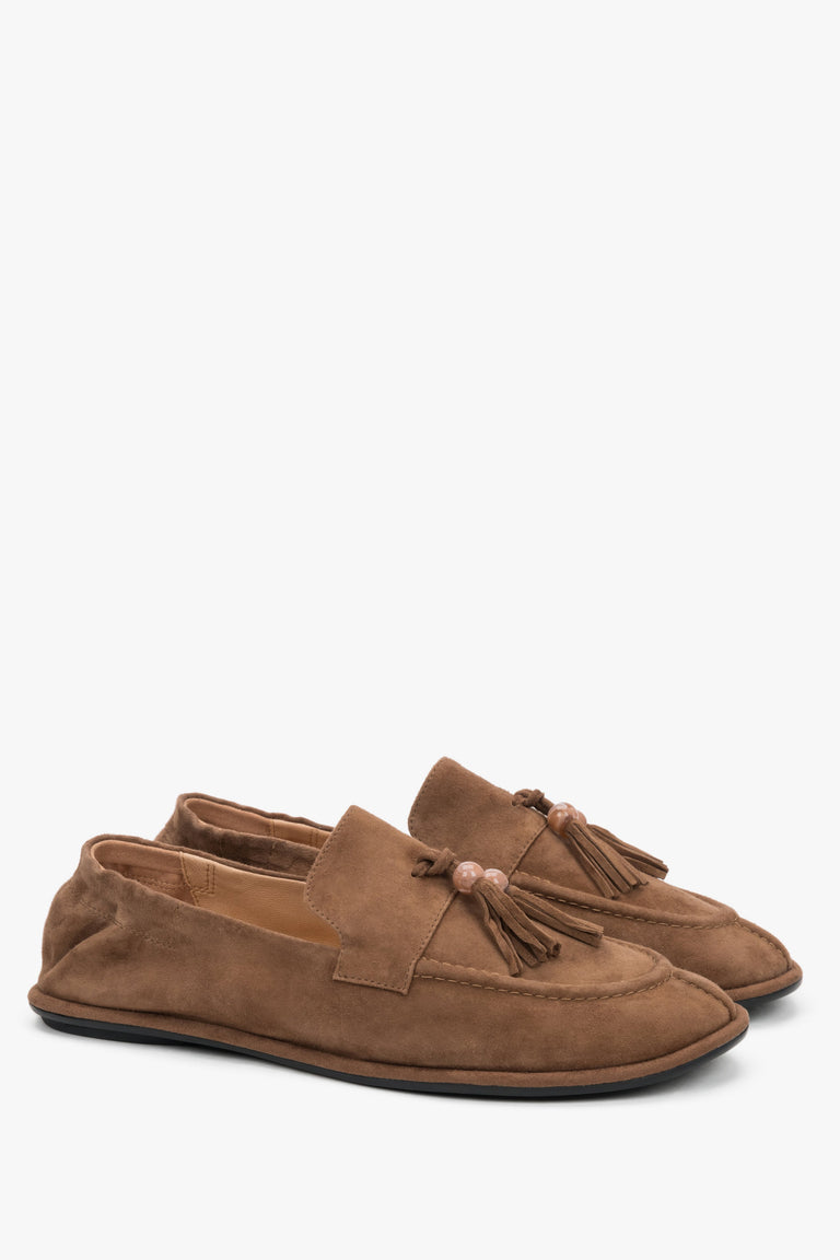 Women's light brown natural velour barefoot loafers with a decorative tassel.