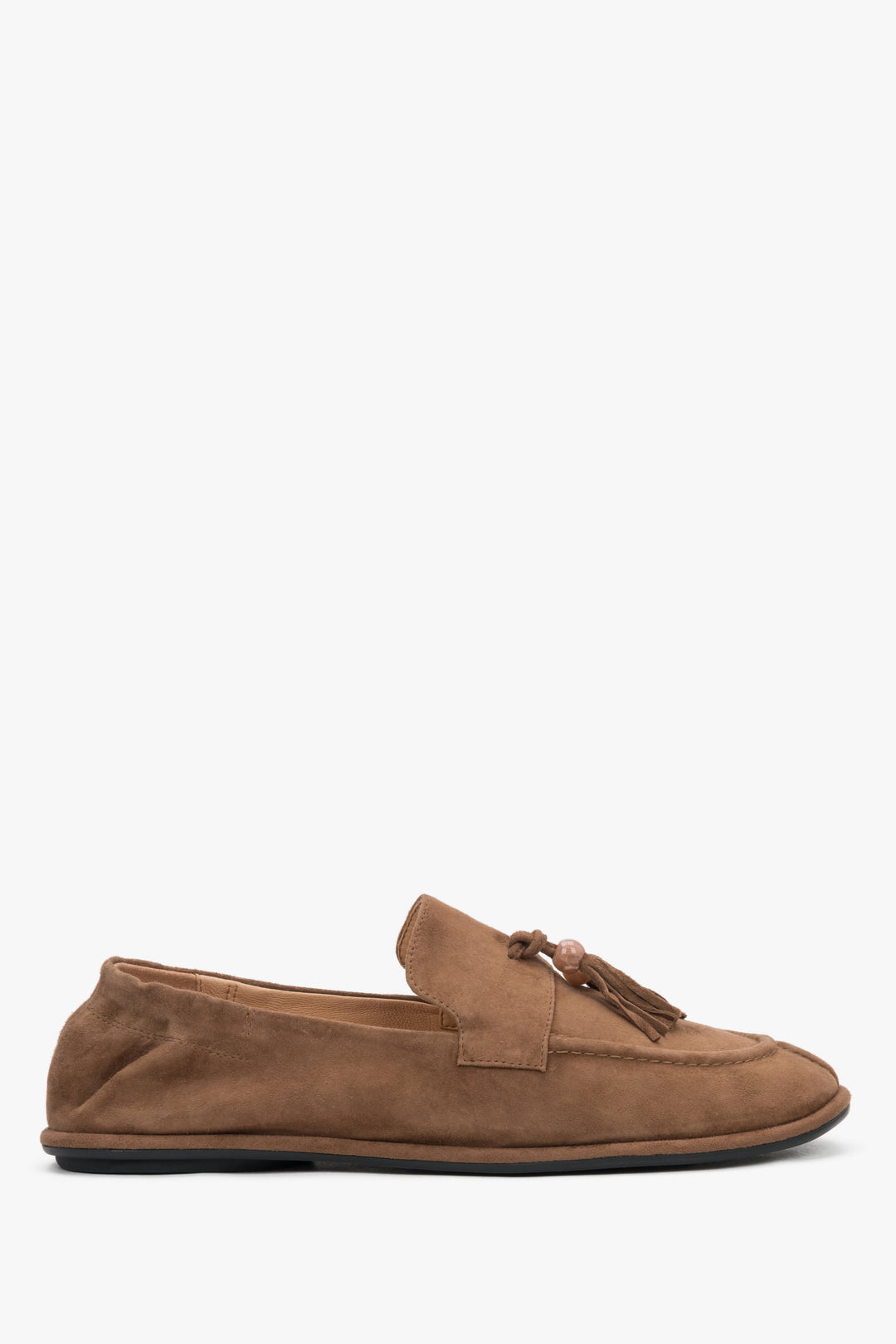 Women's light brown natural velour barefoot loafers with a decorative tassel Estro.