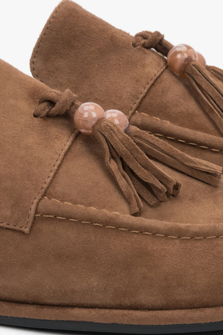 Women's light brown Estro barefoot loafers with a decorative tassel, crafted from natural velour.
