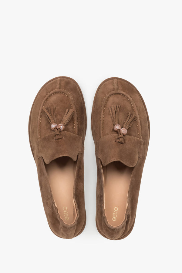 Women's light brown natural velour barefoot loafers with a decorative tassel.