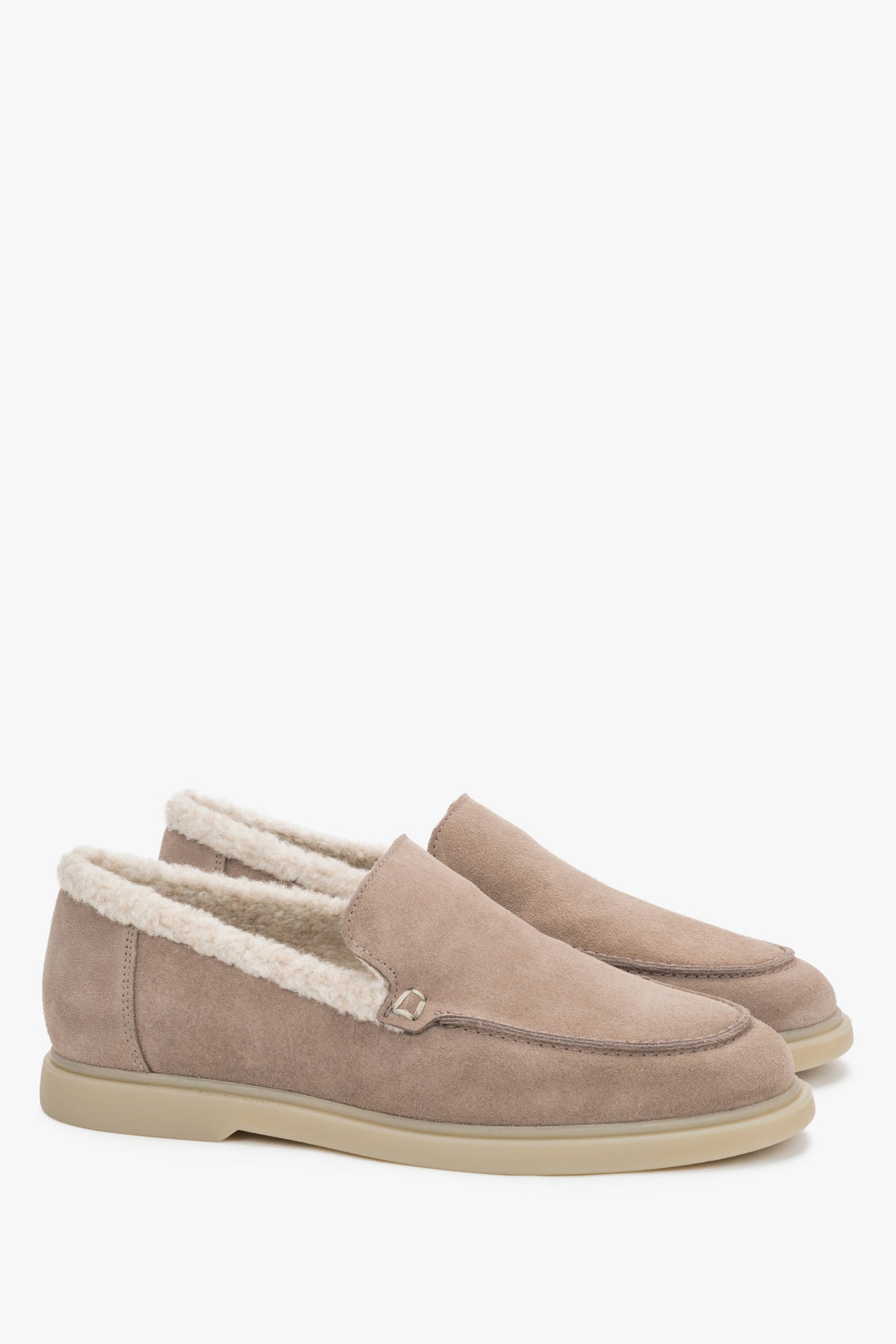 Light Brown Women's Winter Loafers made of Genuine Velour with Fur Lining.