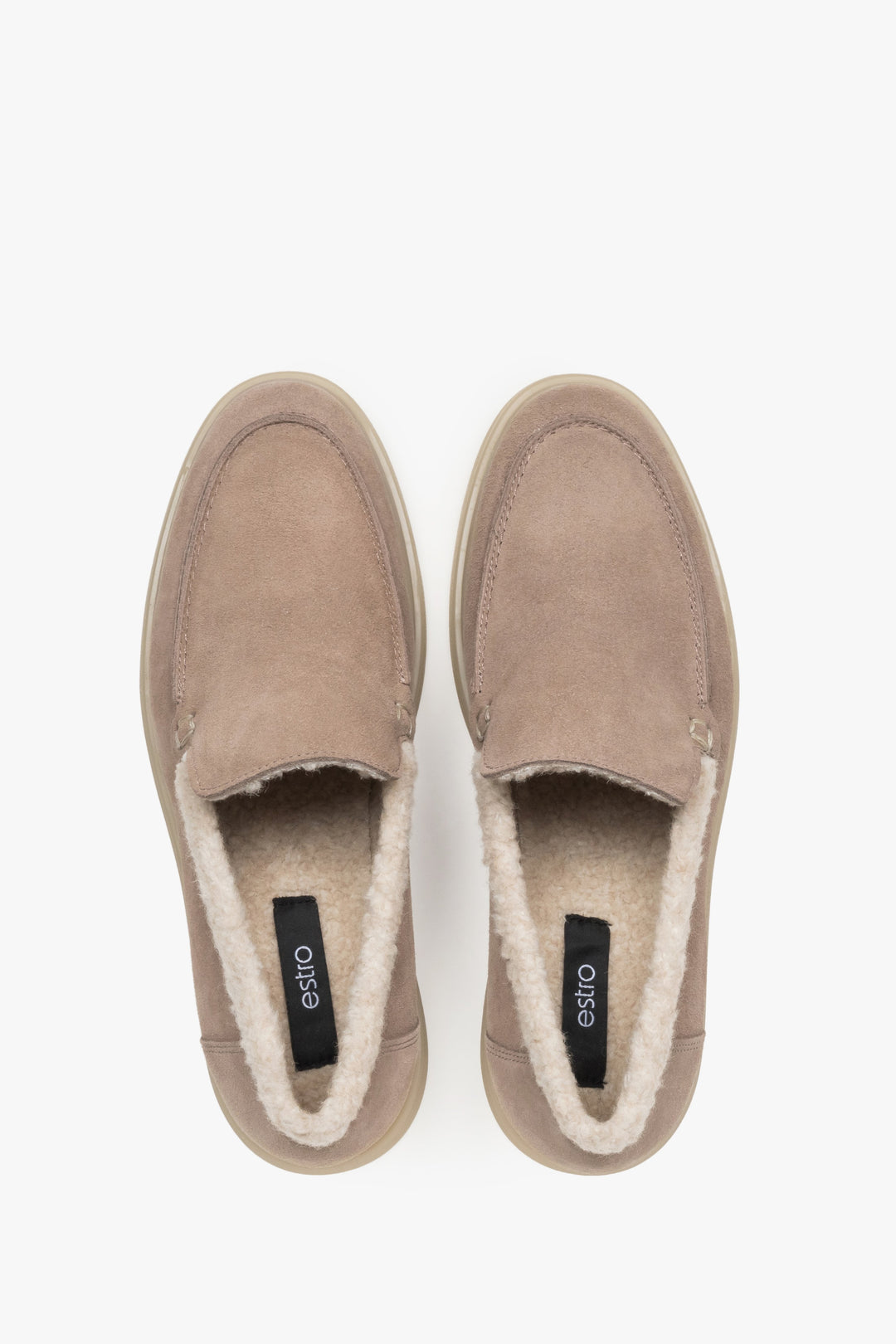 Women's Winter Loafers, Light Brown, made of Genuine Velour with Fur Lining.