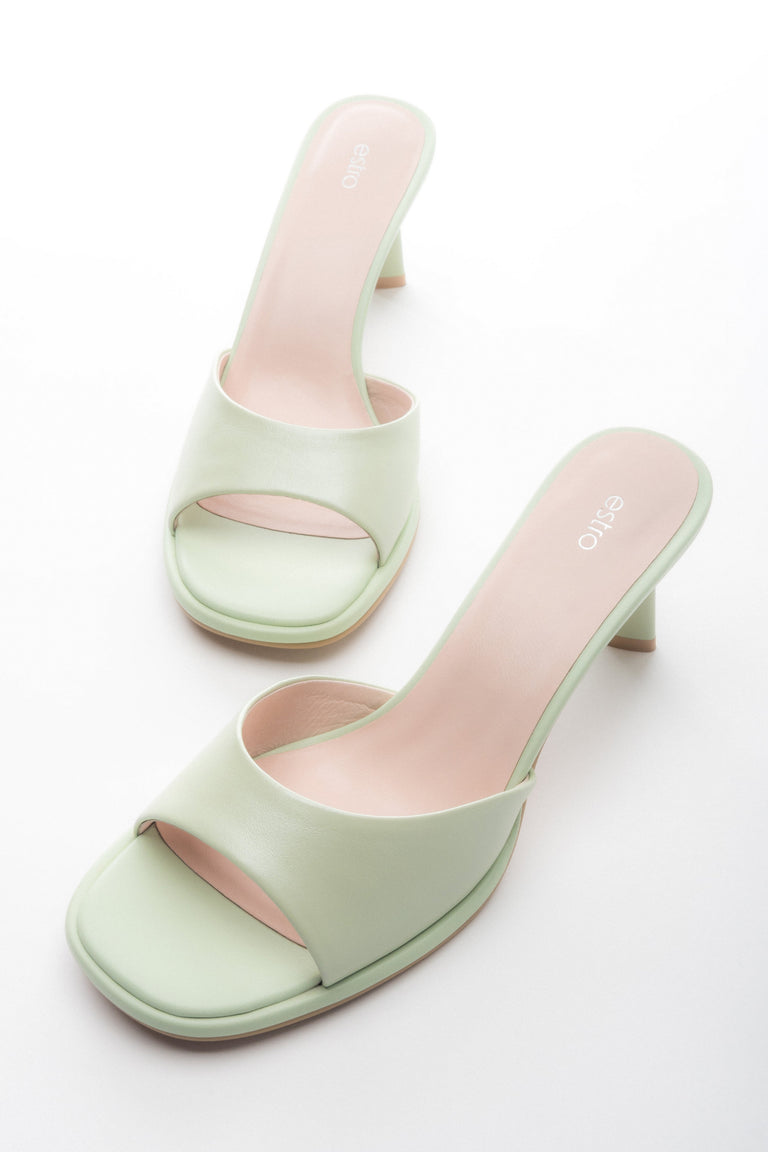 Women’s Light Green Heeled Leather Mules Estro ER00118924.