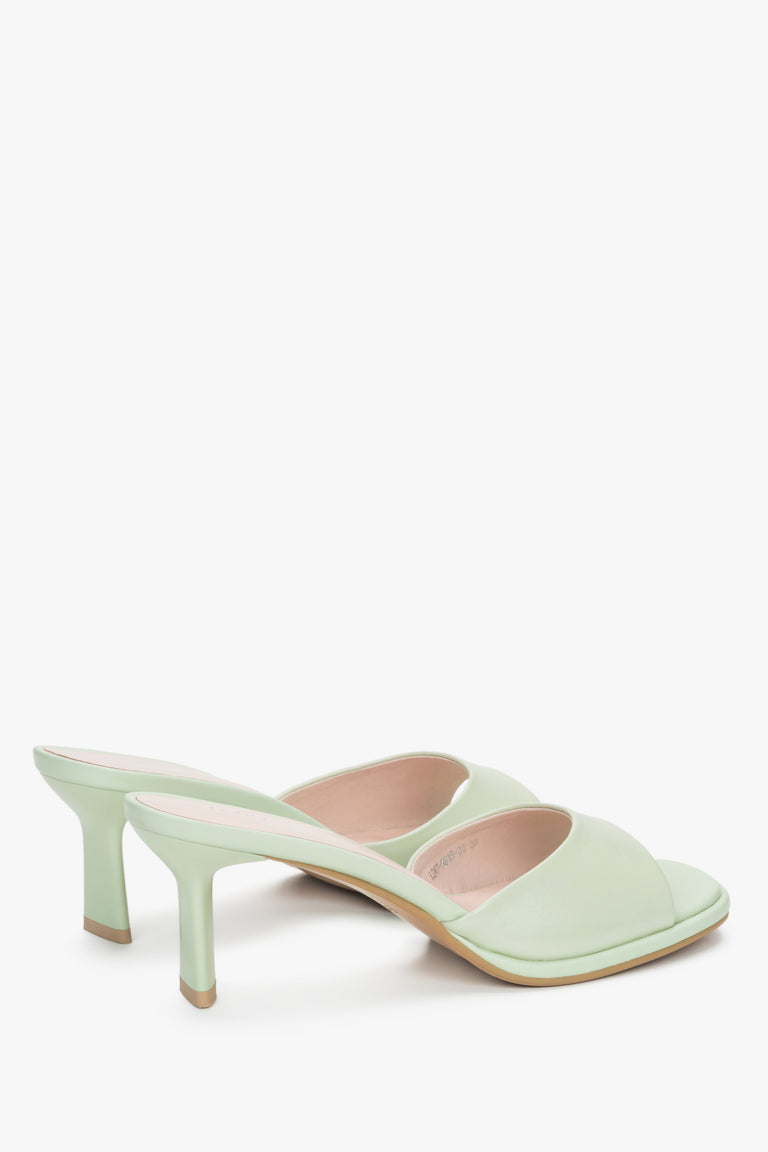Made of genuine leather, light green women’s heeled mules Estro.