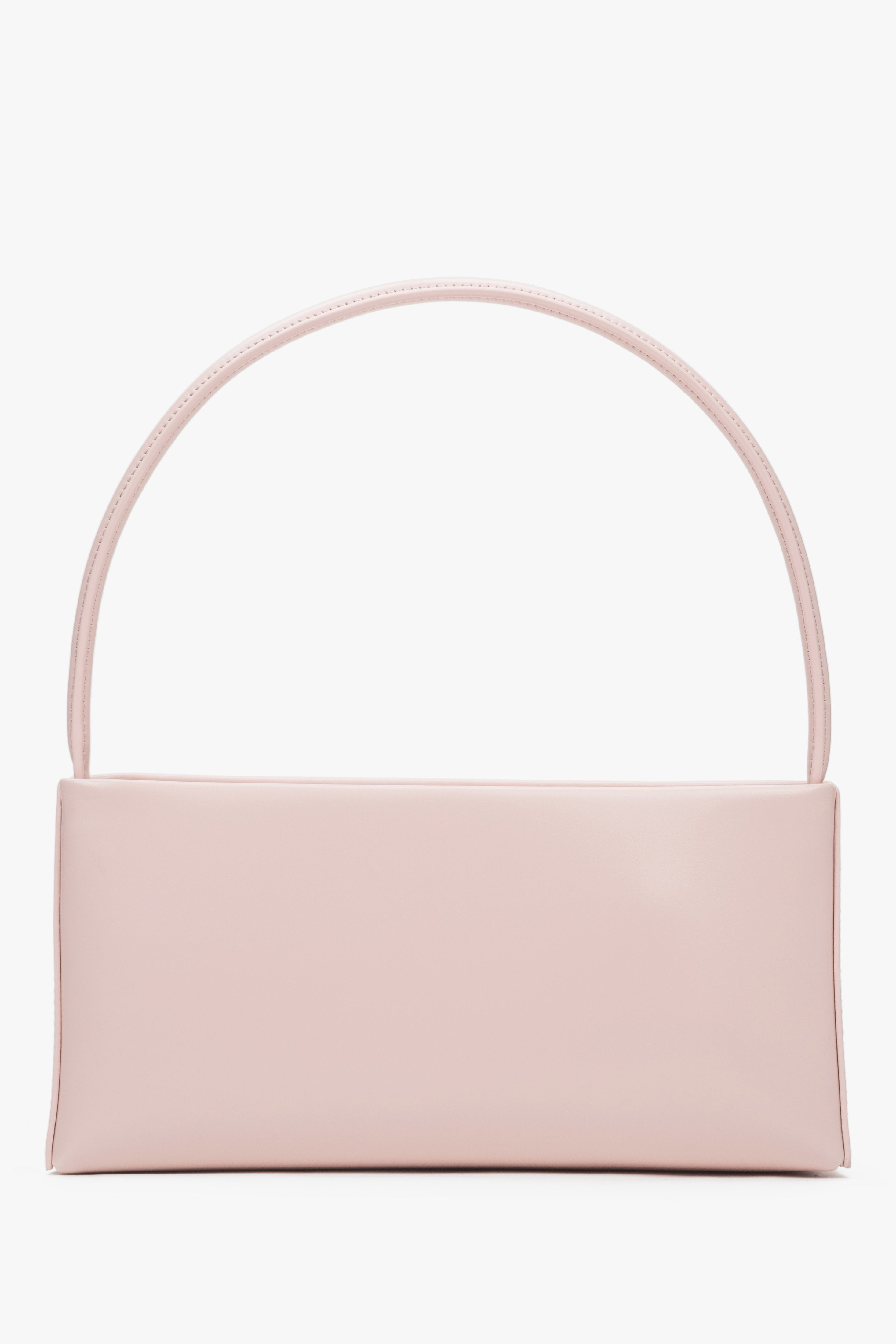 Elegant pastel pink shoulder bag featuring a modern rectangular silhouette.