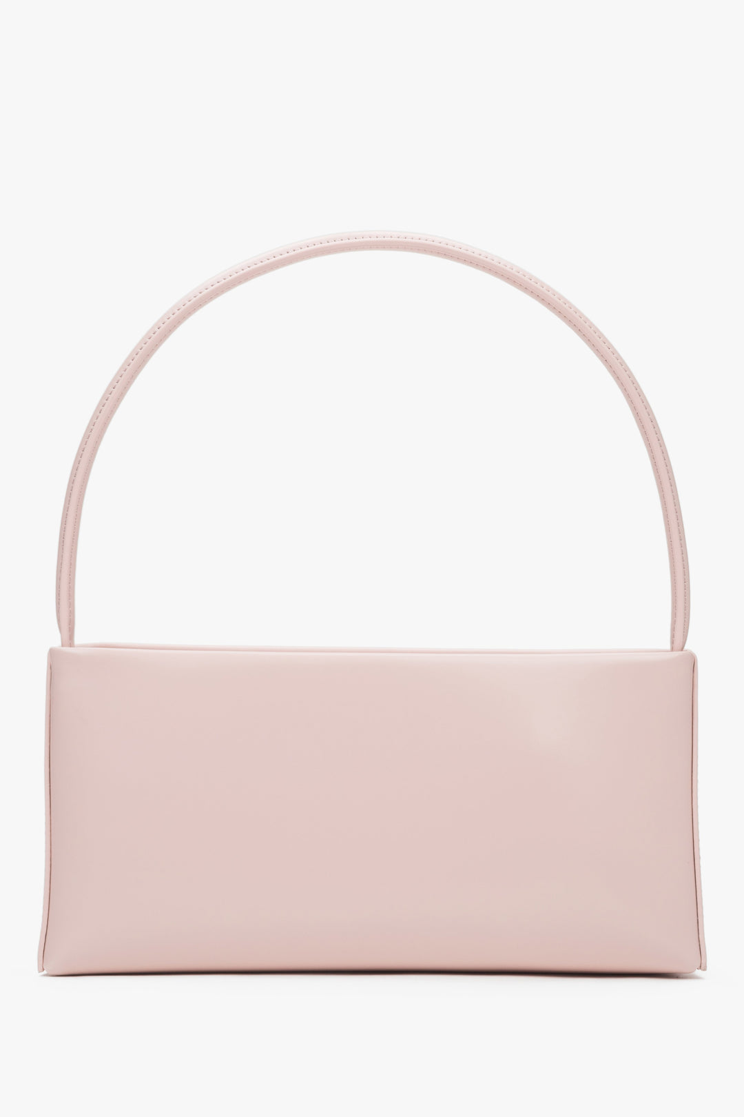 Elegant pastel pink shoulder bag featuring a modern rectangular silhouette.